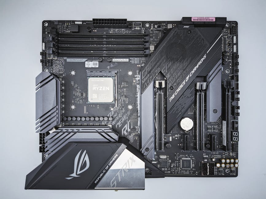 Detailed close-up of a gaming motherboard featuring advanced chip technology.