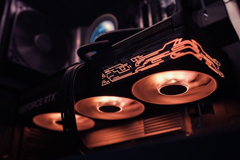 Close-up of a gaming graphics card with illuminated RGB fans, perfect for high-end gaming setups.
