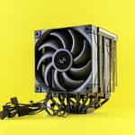 A sleek and modern CPU cooler with cables displayed against a vibrant yellow backdrop.