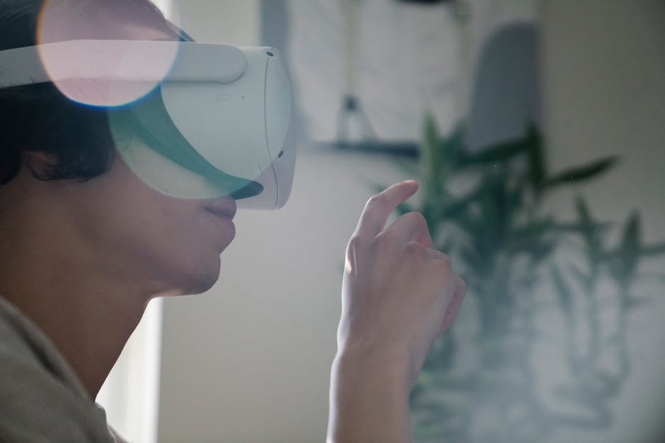 Young man engaging with virtual reality headset indoors, experiencing immersive technology. – google wearable review