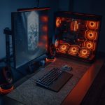 Sleek gaming desk setup featuring RGB lighting, large monitor, and gaming PC with glowing fans. – best wireless mechanical keyboard