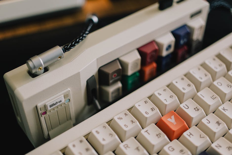 Detailed view of a vintage mechanical keyboard with colorful keycaps.