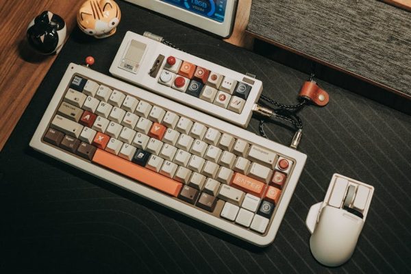 Custom mechanical keyboard and mouse setup on a wooden desk with a retro aesthetic. – Neo75 Cu keyboard review