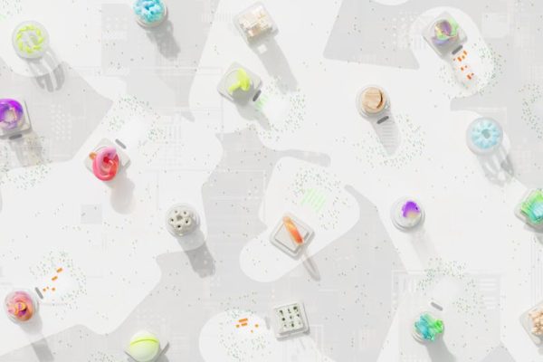 A vibrant 3D render of geometric shapes scattered over a circuit-like background. – Nvidia RTX Neural Texture