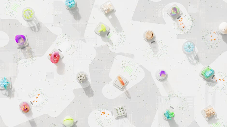 A vibrant 3D render of geometric shapes scattered over a circuit-like background. – Nvidia RTX Neural Texture