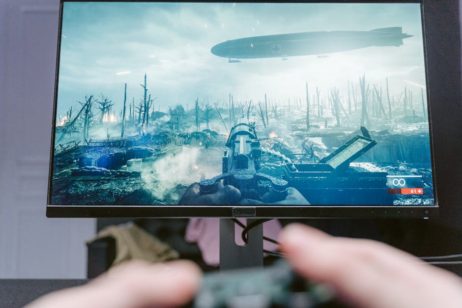 A person playing a video game on a high-resolution monitor, showcasing a war-themed landscape. – NVIDIA warranty claims 1000%