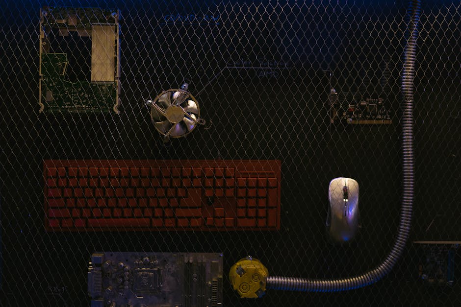 Top view of computer hardware components displayed against a wire mesh background.