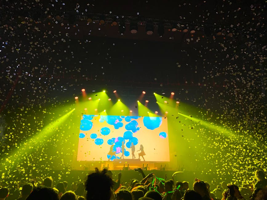 Vibrant concert scene with dynamic lighting, confetti, and crowd enjoying live performance.