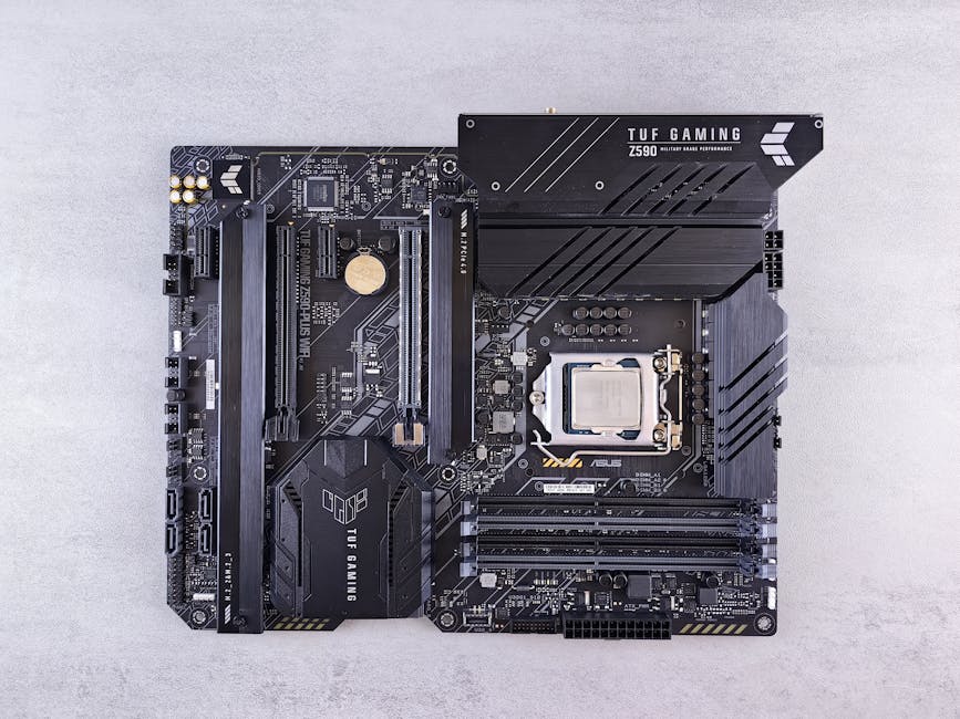 Top-down view of ASUS TUF Gaming Z590 motherboard showcasing advanced technology and design.