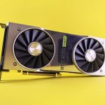 Close-up of a RTX 2080 Super graphics card against a bright yellow backdrop, showcasing high-tech design. – RTX 5090 Sweden review