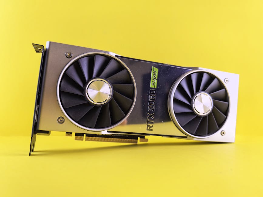Close-up of a RTX 2080 Super graphics card against a bright yellow backdrop, showcasing high-tech design. – RTX 5090 Sweden review