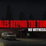 No Witnesses: Tales Beyond the Tomb" sign in a parking lot at night, with a van and trees in background