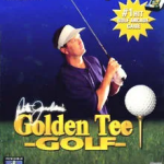 A video game cover featuring a golfer in action, holding a golf club and ball, with the title "GOLDEN TEE GOLF" prominently displayed