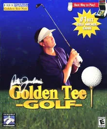 A video game cover featuring a golfer in action, holding a golf club and ball, with the title "GOLDEN TEE GOLF" prominently displayed