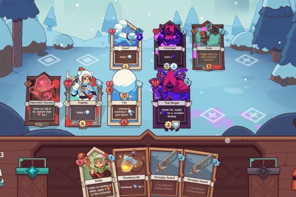 A digital display of a fantasy-themed collectible card game, showcasing various cards and their abilities in a roguelike deckbuilder setting