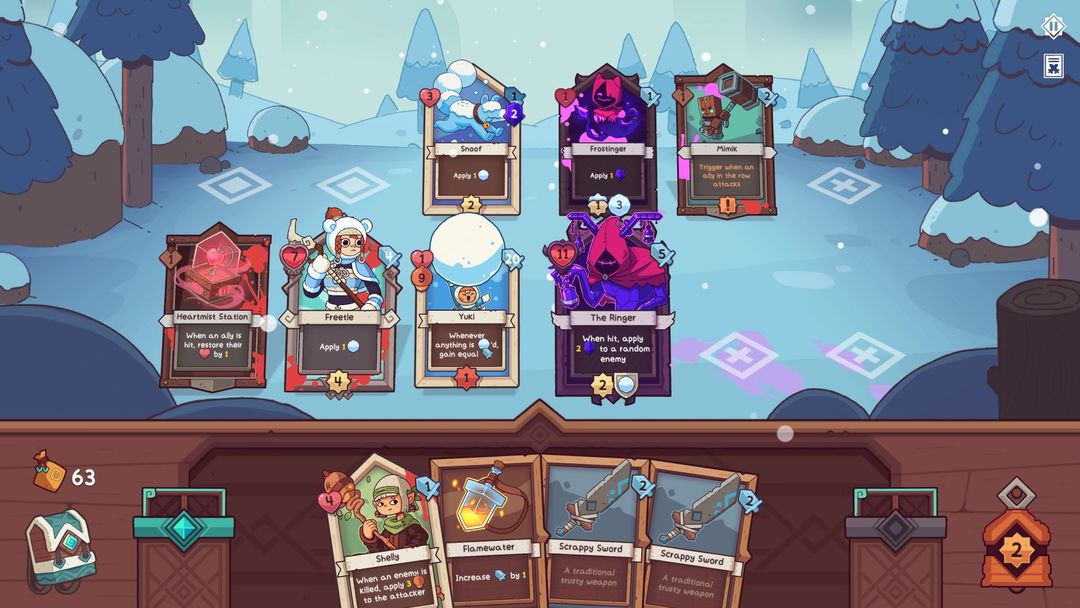 A digital display of a fantasy-themed collectible card game, showcasing various cards and their abilities in a roguelike deckbuilder setting