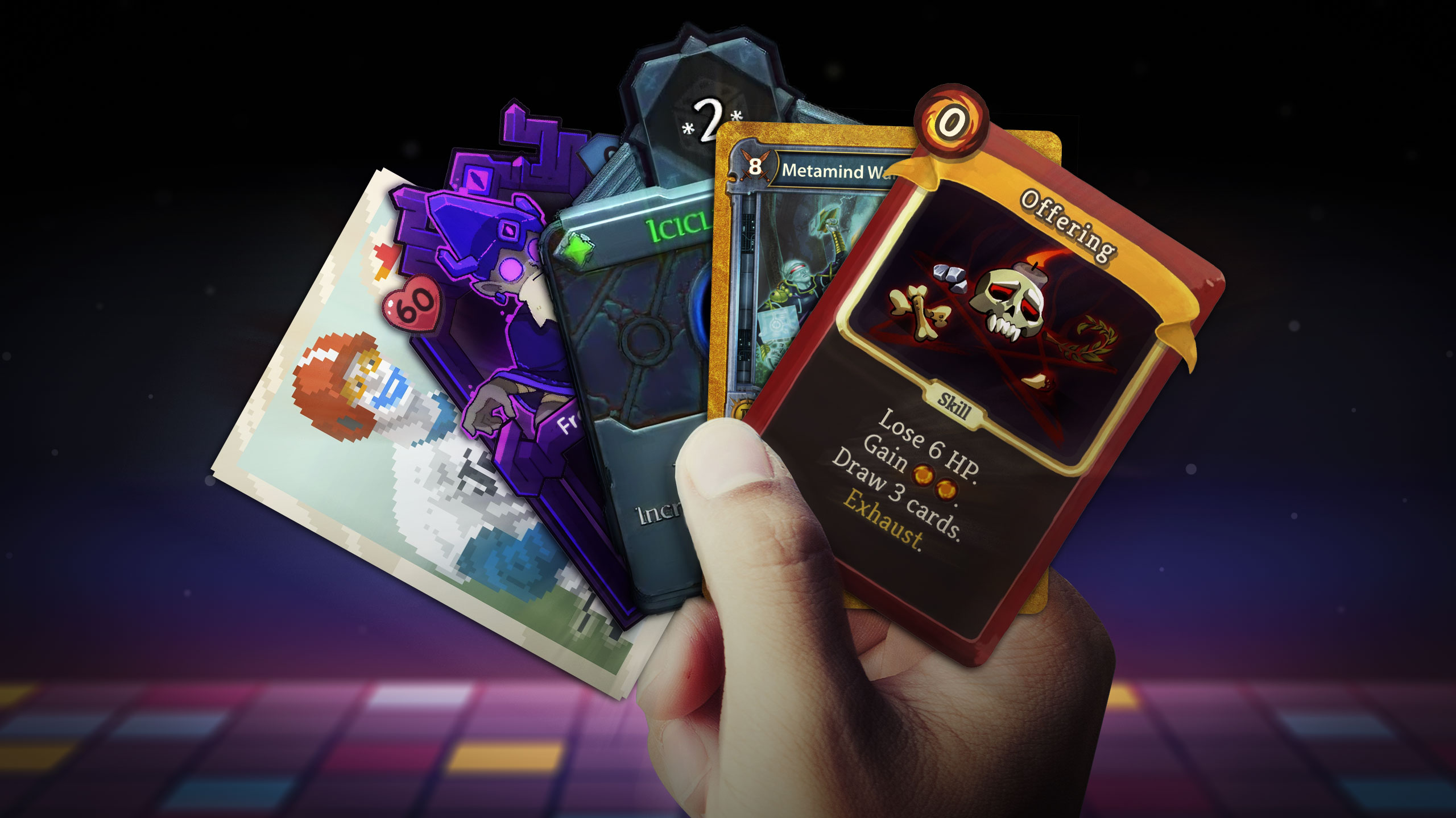 Four digital collectible cards from a game, each with unique artwork and text, displayed in a hand against a dark background