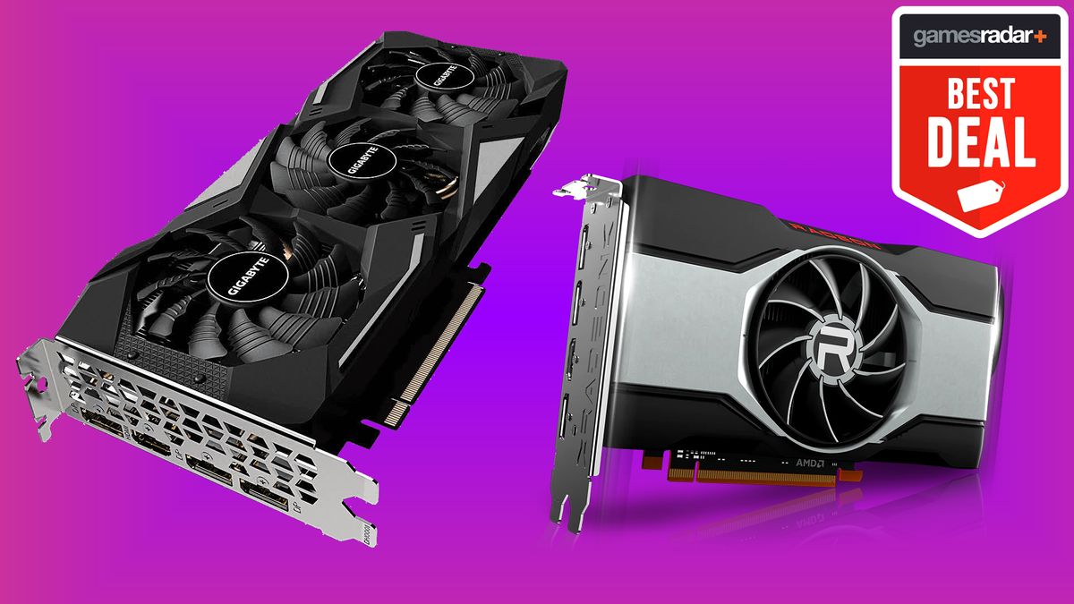 Two high-performance GPUs, one black and one silver, against a purple background