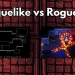 A collage featuring a screenshot of a roguelike video game and an image of a roguelite game, highlighting differences in gameplay mechanics