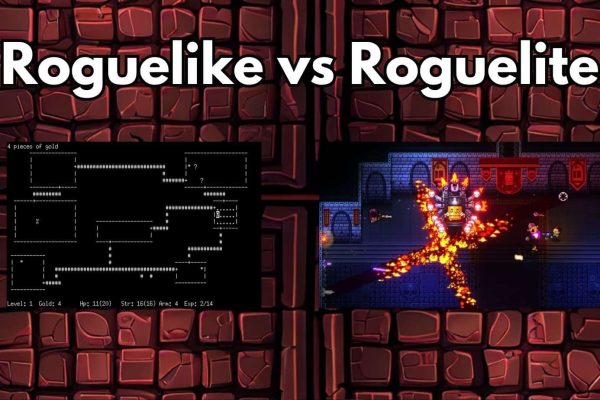 A collage featuring a screenshot of a roguelike video game and an image of a roguelite game, highlighting differences in gameplay mechanics