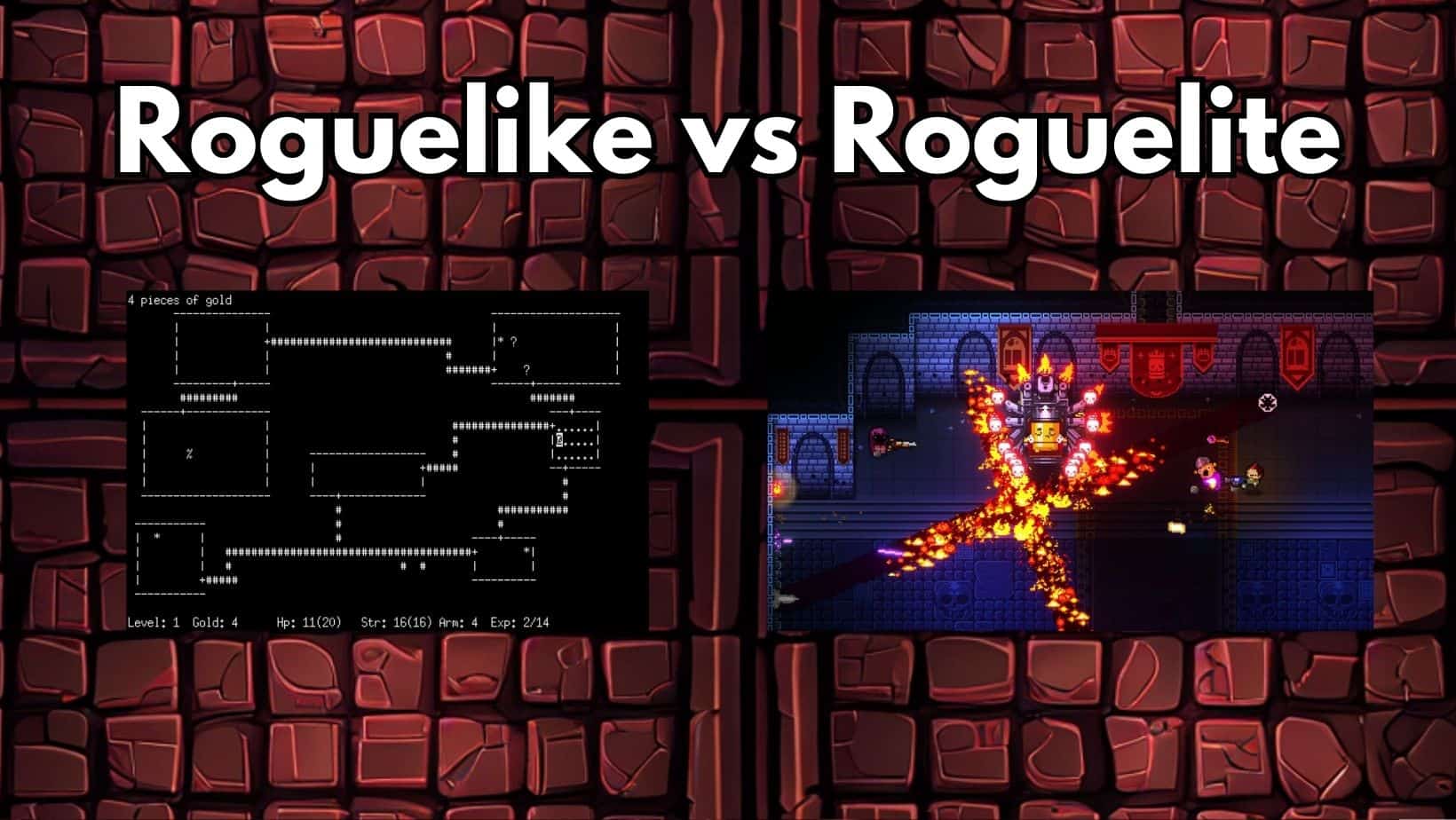 A collage featuring a screenshot of a roguelike video game and an image of a roguelite game, highlighting differences in gameplay mechanics