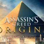 Assassin's Creed Origins promotional poster featuring an ancient Egyptian pyramid and the game's logo