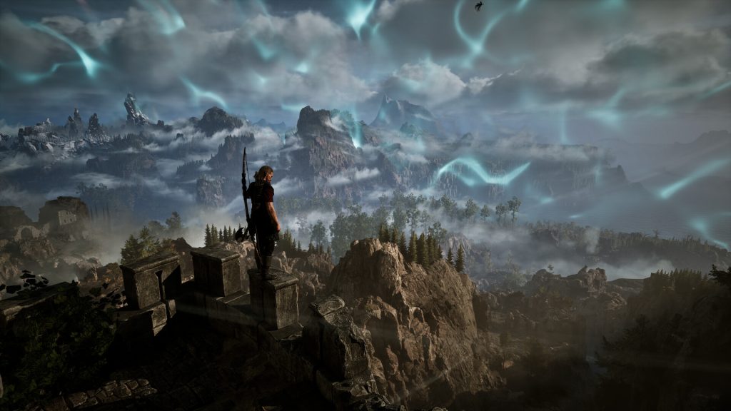 A person stands on a rocky outcropping, overlooking a mystical landscape with floating islands and towering mountains under a dramatic sky