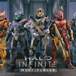 Spartan soldiers in a line, Halo Infinite promotional image, colorful armor, standing in front of a futuristic backdrop