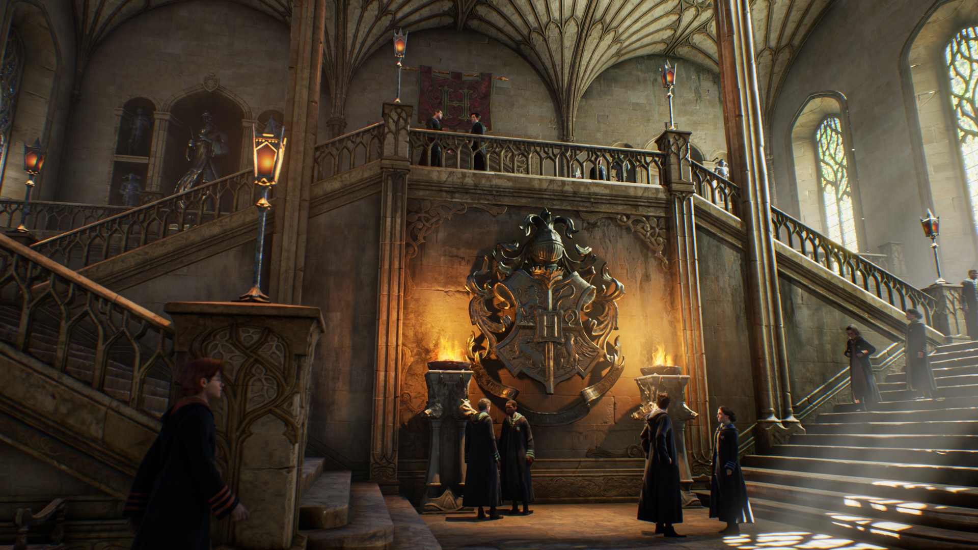 A grand, ornate interior of a castle-like building, possibly a school, with high ceilings and intricate architectural details