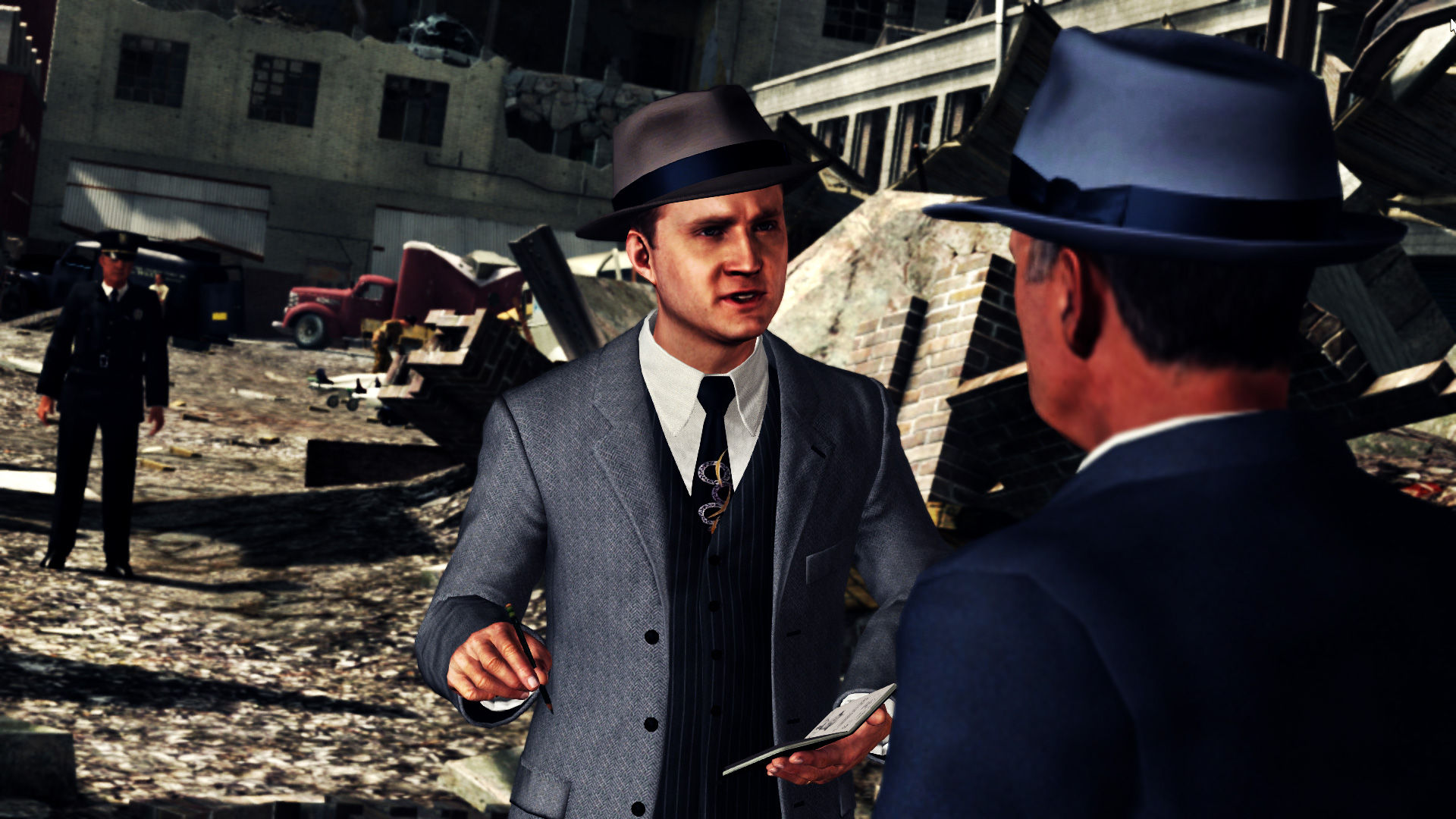Two men in suits, one holding a newspaper, standing amidst rubble; they appear to be discussing something serious