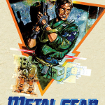 A poster featuring a pixelated character holding a gun, set against a backdrop of a cityscape and a neon sign that reads "METAL GEAR"