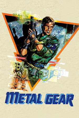 A poster featuring a pixelated character holding a gun, set against a backdrop of a cityscape and a neon sign that reads "METAL GEAR"