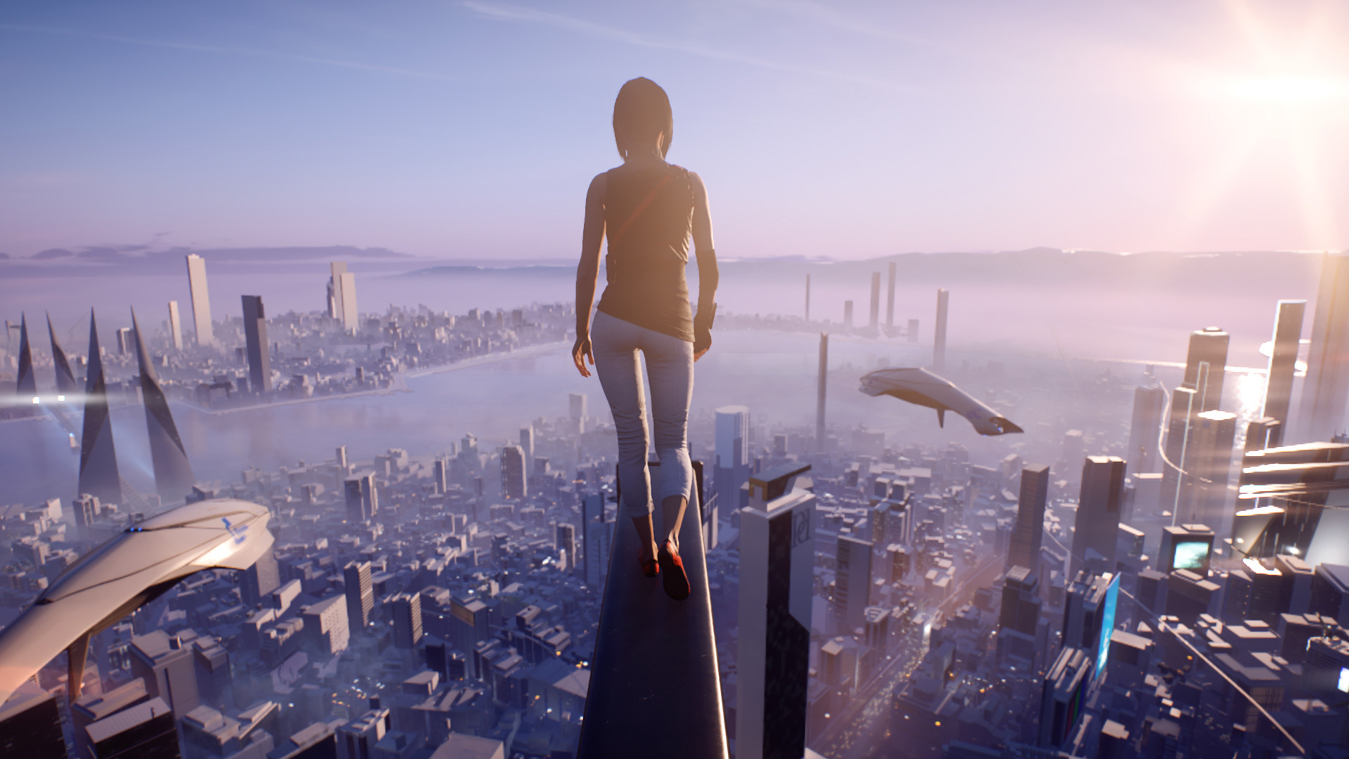 Futuristic cityscape, woman on high platform, flying cars, neon lights, skyline, dystopian architecture