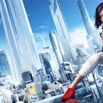 A woman in a futuristic cityscape, holding a gun, standing on a platform