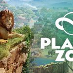 Planet Zoo logo, vibrant jungle scene with lions and a zebra