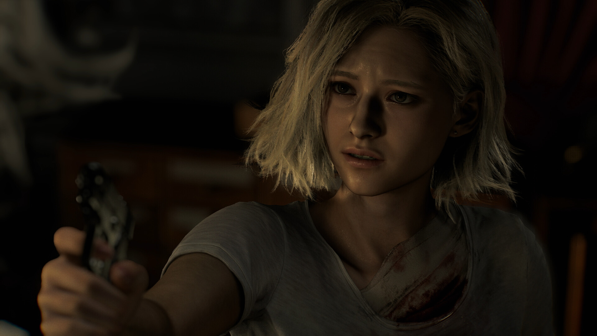A woman holding a gun, standing in a room with a chair and a table, looking to her side