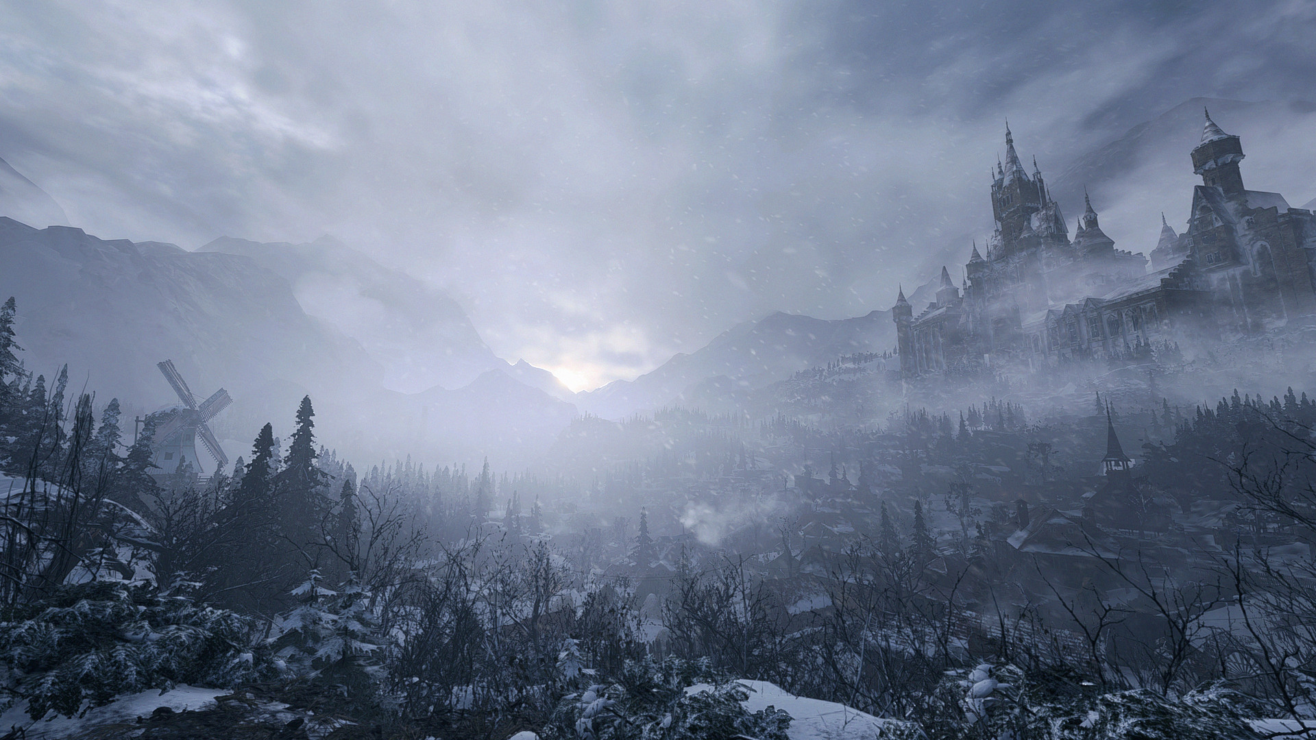 Snowy mountain landscape, medieval castle ruins, foggy valley, village in distance, snowfall, overcast sky