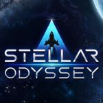 Digital artwork featuring a space theme with a logo for the game Stellar Odyssey, set against a backdrop of stars and nebulae